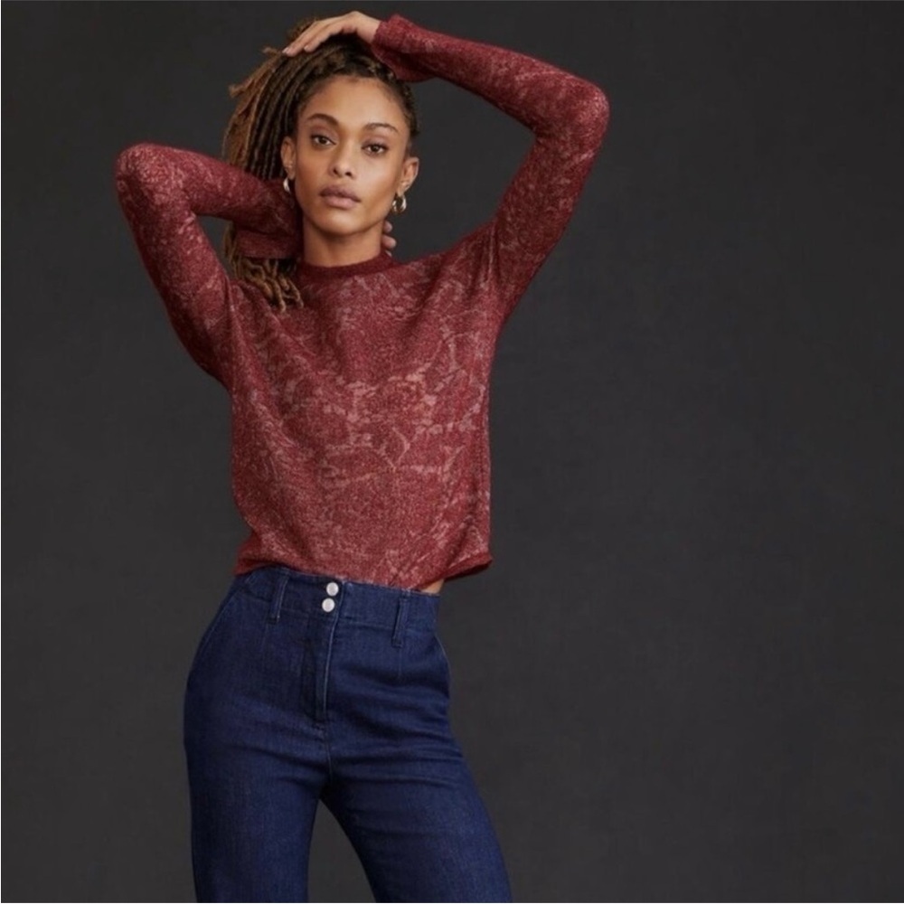 Anthropologie Hanna Lace Mock Neck Sweater Red Maroon Wool Blend Sz L